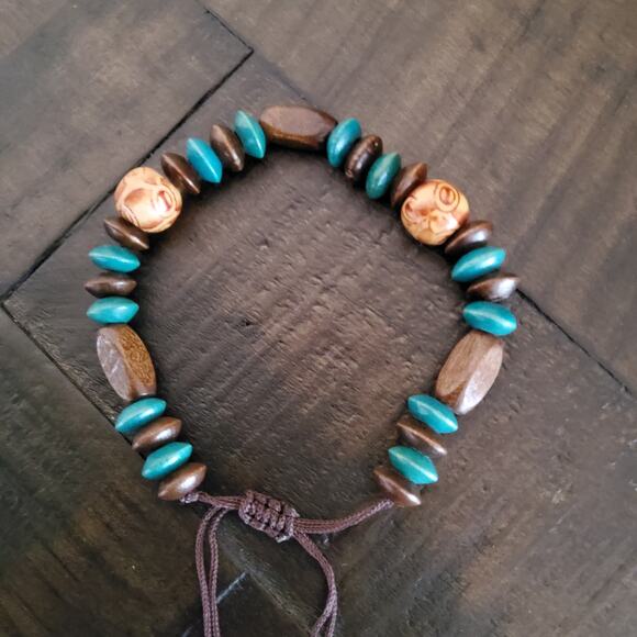 Wooden Bead Stacked Slide Bracelet Brown Turquoise - Picture 2 of 7